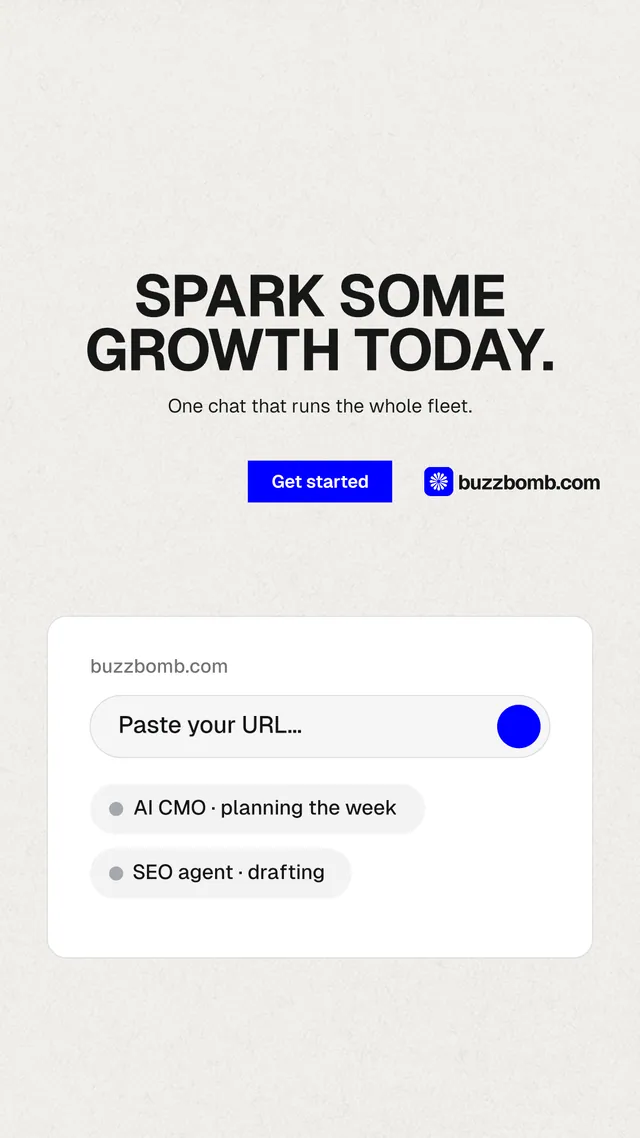 Instagram story for BuzzBomb: "Spark some growth today." Swiss style, centred layout, light palette in white.