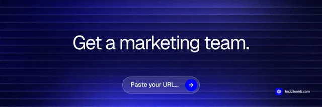X header for BuzzBomb: "Get a marketing team." Agentic glass style, centred layout, dark palette in black, blue.