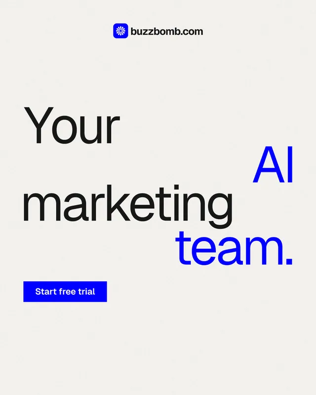 Instagram portrait post for BuzzBomb: "Your AI marketing team." Swiss style, stacked layout, light palette in white, blue.