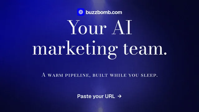 Landscape graphic for BuzzBomb: "Your AI marketing team." Minimal luxury style, smallcaps layout, dark palette in black, blue.