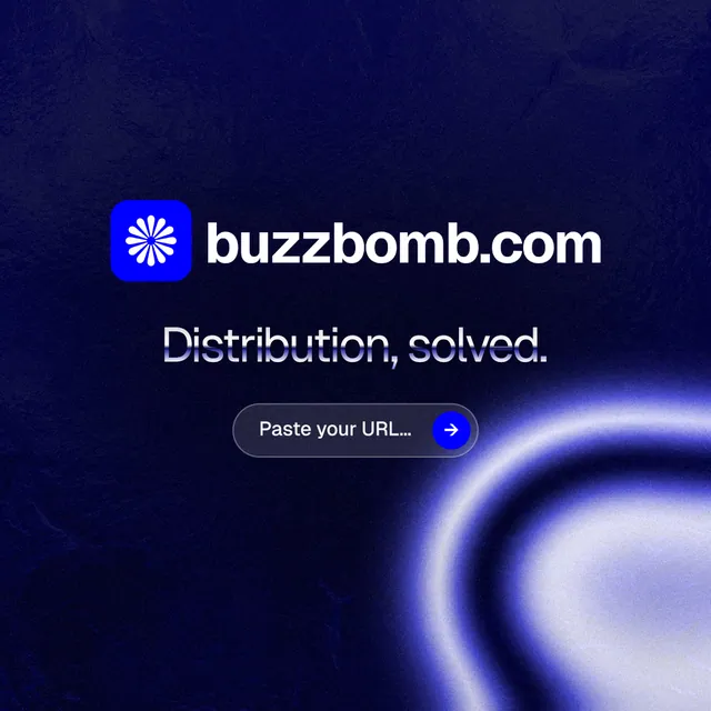 Instagram post for BuzzBomb: "Distribution, solved." Agentic glass style, logo hero layout, dark palette in black, blue.
