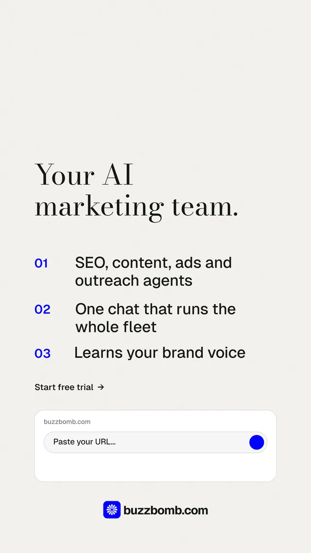 Instagram story for BuzzBomb: "Your AI marketing team." Minimal luxury style, numbered layout, light palette in white.