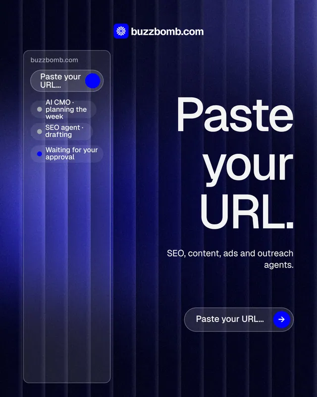 Instagram portrait post for BuzzBomb: "Paste your URL." Agentic glass style, right layout, dark palette in black, blue, grey.