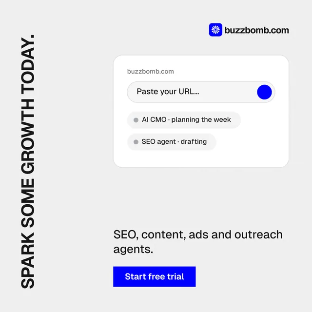 Instagram post for BuzzBomb: "Spark some growth today." Swiss style, vertical layout, light palette in white, blue.