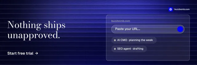 X header for BuzzBomb: "Nothing ships unapproved." Minimal luxury style, bottom layout, dark palette in blue, black.