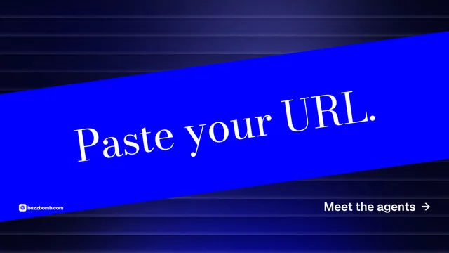 Landscape graphic for BuzzBomb: "Paste your URL." Minimal luxury style, diagonal layout, dark palette in blue.