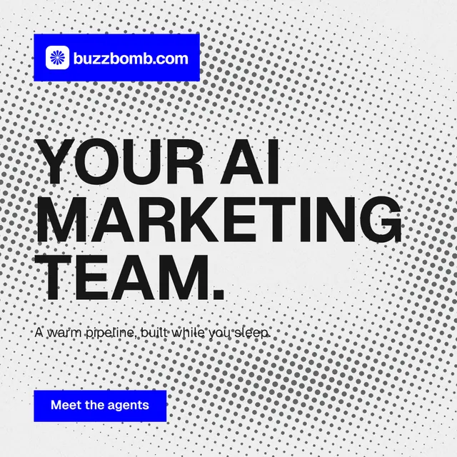 Instagram post for BuzzBomb: "Your AI marketing team." Swiss style, announce layout, light palette in white, blue.