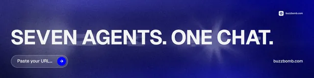LinkedIn banner for BuzzBomb: "Seven agents. One chat." Agentic glass style, poster layout, dark palette in blue, grey.