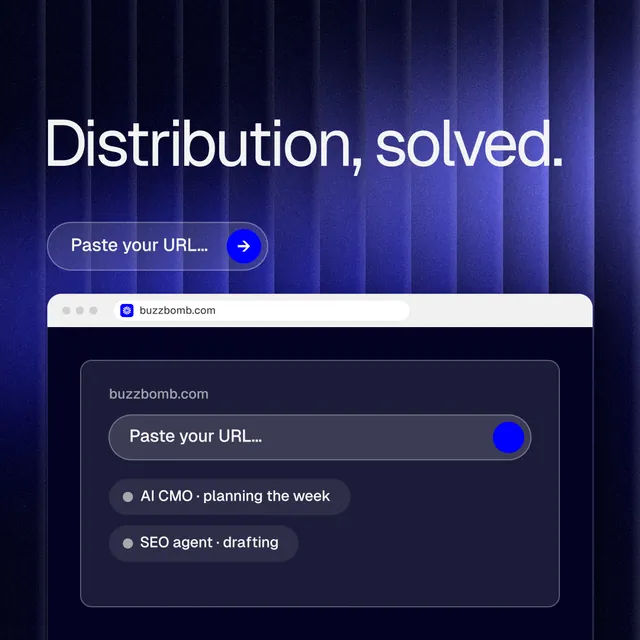Instagram post for BuzzBomb: "Distribution, solved." Agentic glass style, browser layout, dark palette in black, blue.