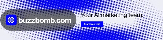 LinkedIn banner for BuzzBomb: "Your AI marketing team." Swiss style, logo hero layout, light palette in blue, white.
