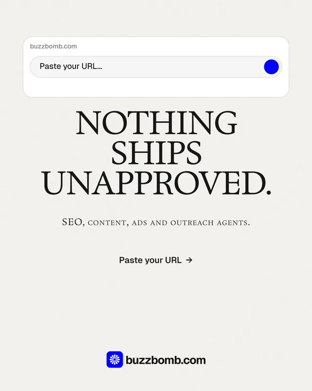 Instagram portrait post for BuzzBomb: "Nothing ships unapproved." Swiss style, smallcaps layout, light palette in white.