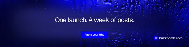 LinkedIn banner for BuzzBomb: "One launch. A week of posts." Swiss style, centred layout, dark palette in blue.
