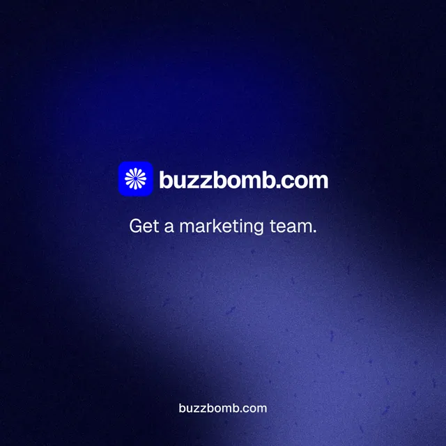 Instagram post for BuzzBomb: "Get a marketing team." Swiss style, end card layout, dark palette in black, blue.