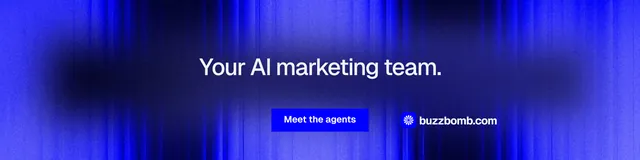 LinkedIn banner for BuzzBomb: "Your AI marketing team." Swiss style, centred layout, dark palette in blue.