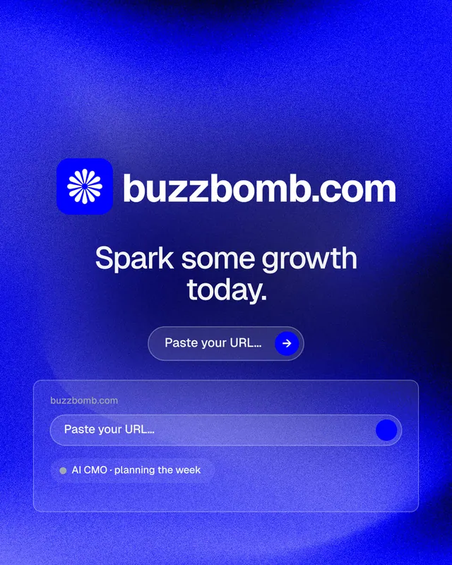 Instagram portrait post for BuzzBomb: "Spark some growth today." Agentic glass style, logo hero layout, dark palette in blue.