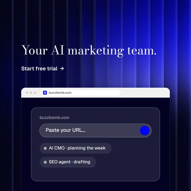 Instagram post for BuzzBomb: "Your AI marketing team." Minimal luxury style, browser layout, dark palette in blue, black.