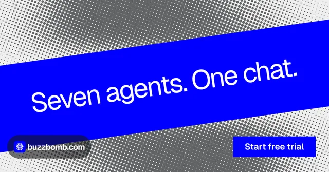 Social ad for BuzzBomb: "Seven agents. One chat." Swiss style, diagonal layout, dark palette in blue, grey.