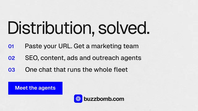 Landscape graphic for BuzzBomb: "Distribution, solved." Swiss style, numbered layout, light palette in white, blue.