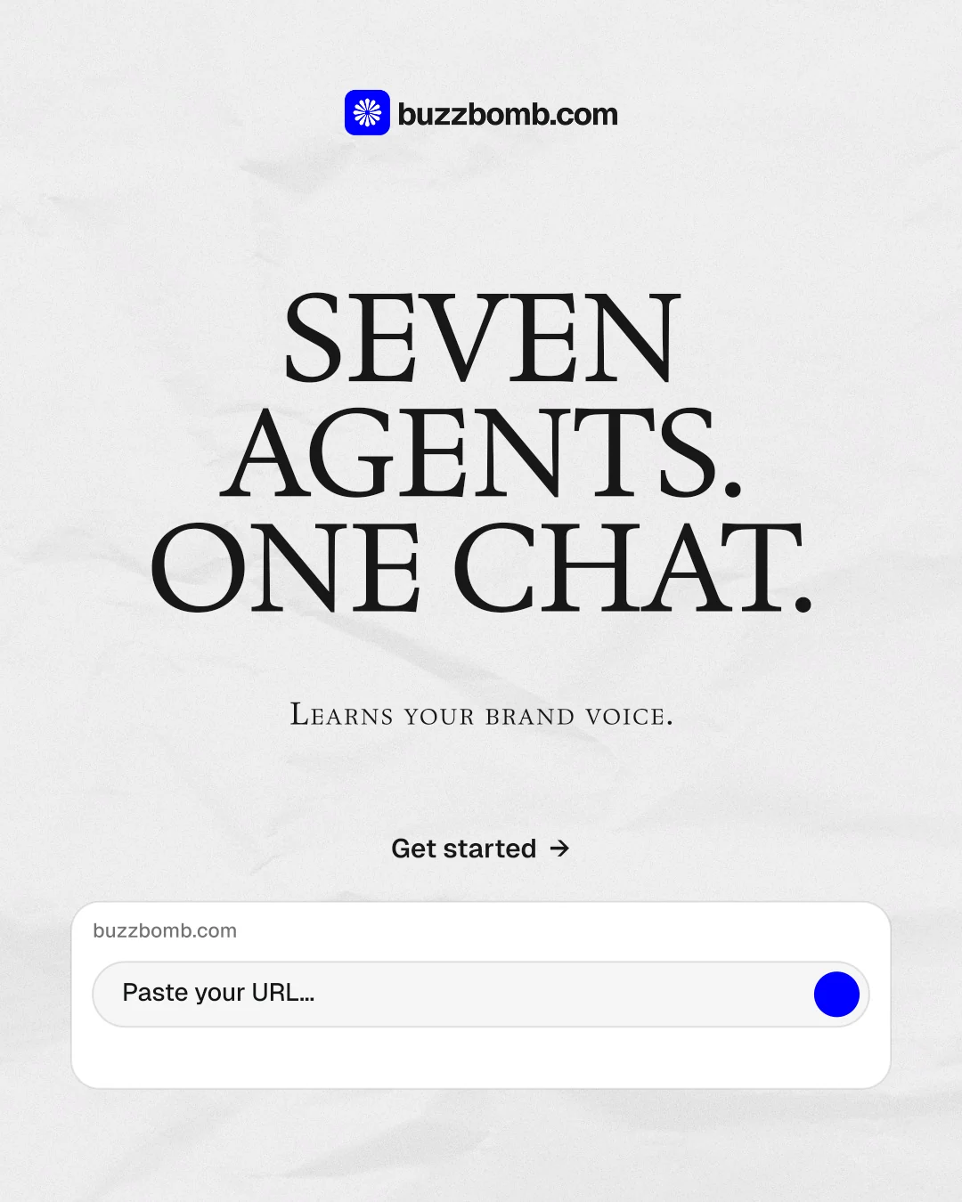 Instagram portrait post for BuzzBomb: "Seven agents. One chat." Swiss style, smallcaps layout, light palette in white, grey.