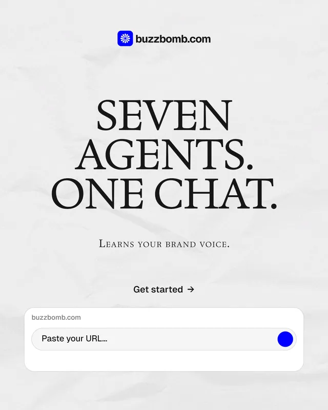 Instagram portrait post for BuzzBomb: "Seven agents. One chat." Swiss style, smallcaps layout, light palette in white, grey.