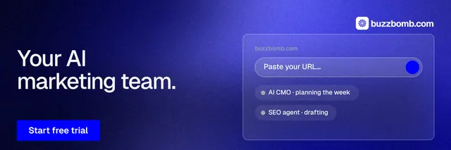 X header for BuzzBomb: "Your AI marketing team." Swiss style, bottom layout, dark palette in blue.