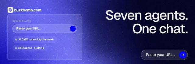 X header for BuzzBomb: "Seven agents. One chat." Agentic glass style, right layout, dark palette in black, blue.