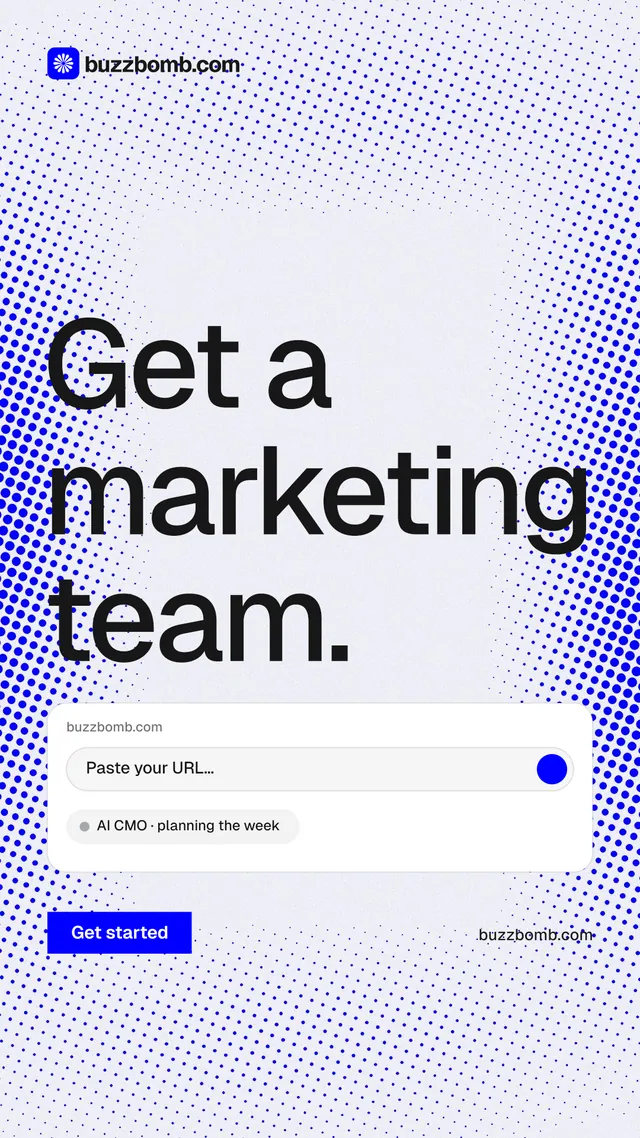 Instagram story for BuzzBomb: "Get a marketing team." Swiss style, poster layout, light palette in blue, white.