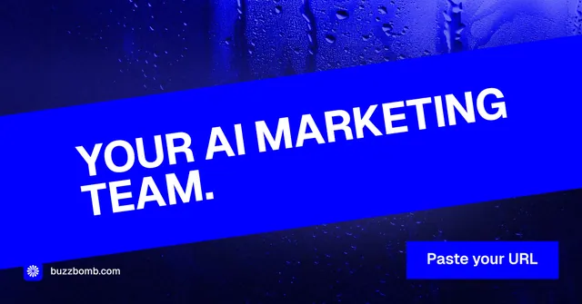 Social ad for BuzzBomb: "Your AI marketing team." Swiss style, diagonal layout, dark palette in blue.