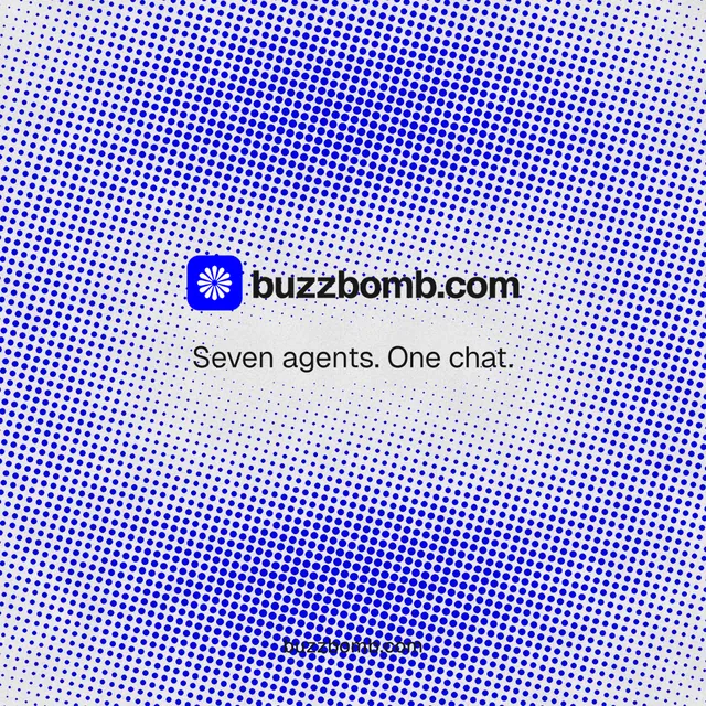 Instagram post for BuzzBomb: "Seven agents. One chat." Swiss style, end card layout, light palette in blue.