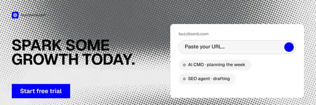 X header for BuzzBomb: "Spark some growth today." Swiss style, bottom layout, light palette in grey, white.