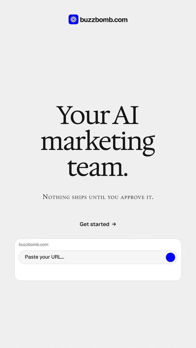 Instagram story for BuzzBomb: "Your AI marketing team." Swiss style, smallcaps layout, light palette in white, grey.