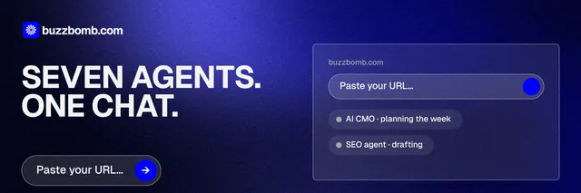 X header for BuzzBomb: "Seven agents. One chat." Agentic glass style, bottom layout, dark palette in black, blue.