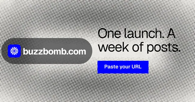 Social ad for BuzzBomb: "One launch. A week of posts." Swiss style, logo hero layout, light palette in grey, white.