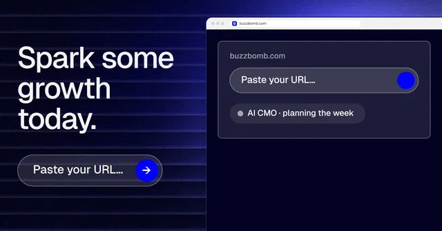 Social ad for BuzzBomb: "Spark some growth today." Agentic glass style, browser layout, dark palette in blue, black, grey.