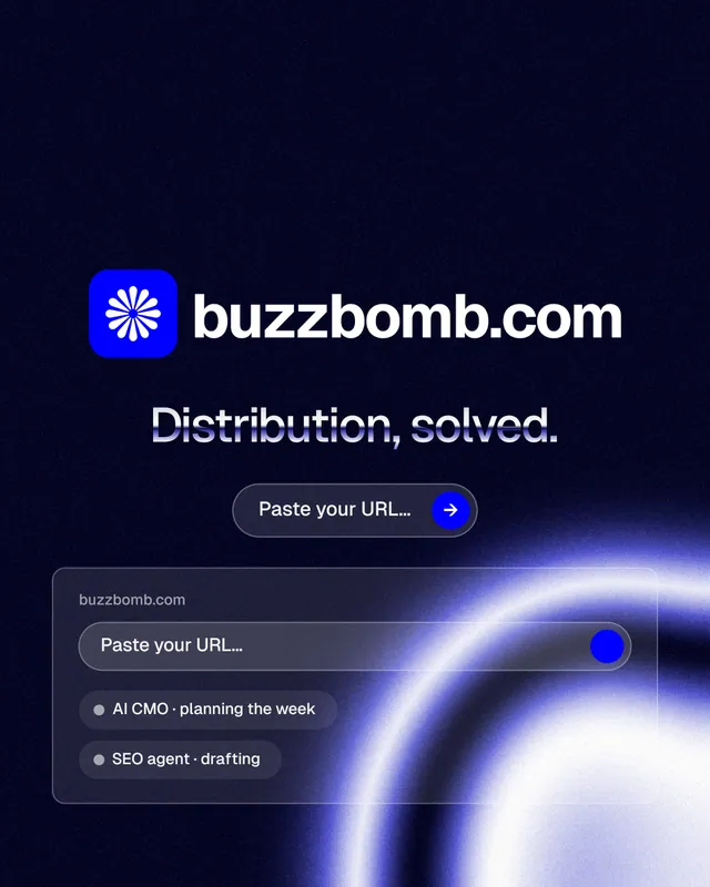 Instagram portrait post for BuzzBomb: "Distribution, solved." Agentic glass style, logo hero layout, dark palette in black, blue.