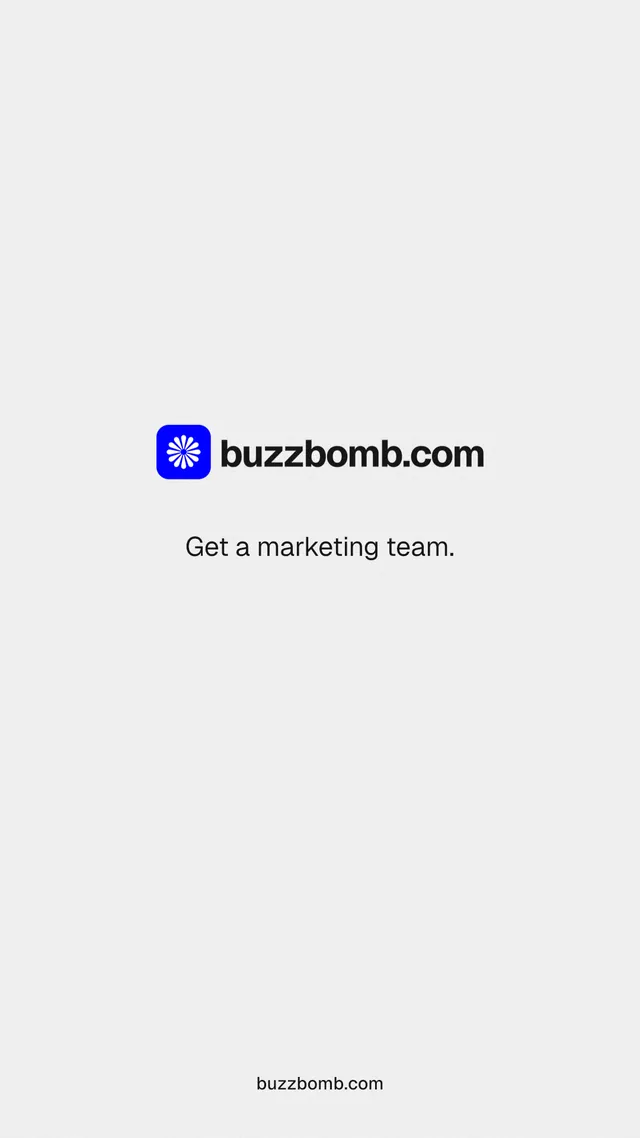 Instagram story for BuzzBomb: "Get a marketing team." Swiss style, end card layout, light palette in white.