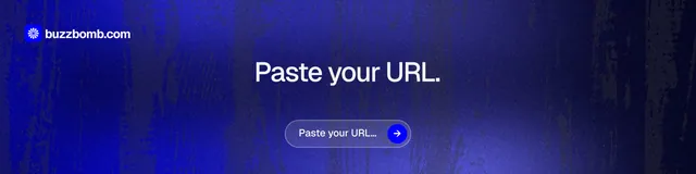 LinkedIn banner for BuzzBomb: "Paste your URL." Agentic glass style, centred layout, dark palette in blue.