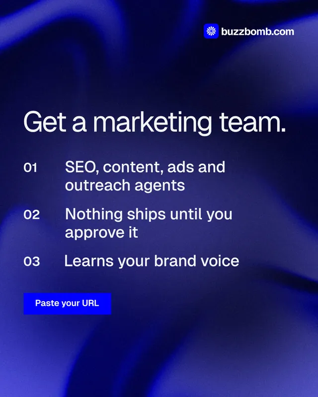 Instagram portrait post for BuzzBomb: "Get a marketing team." Swiss style, numbered layout, dark palette in blue.