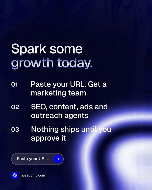 Instagram portrait post for BuzzBomb: "Spark some growth today." Agentic glass style, numbered layout, dark palette in black, blue.