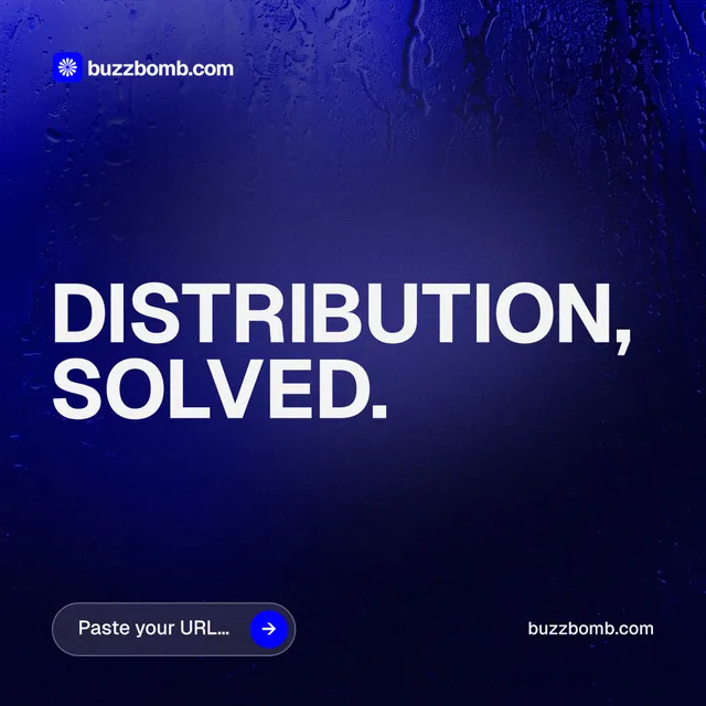 Instagram post for BuzzBomb: "Distribution, solved." Agentic glass style, poster layout, dark palette in black, blue.