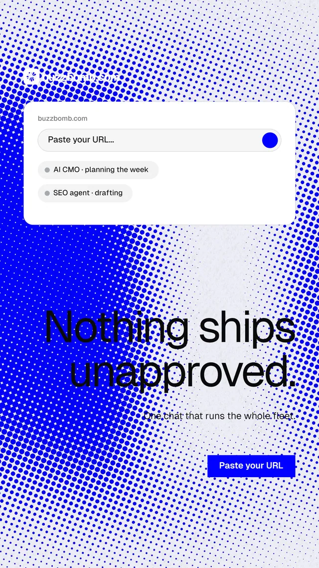 Instagram story for BuzzBomb: "Nothing ships unapproved." Swiss style, right layout, light palette in blue, white.