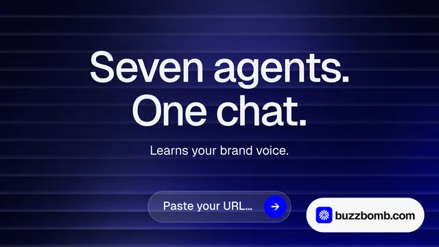 Landscape graphic for BuzzBomb: "Seven agents. One chat." Agentic glass style, centred layout, dark palette in black, blue, grey.