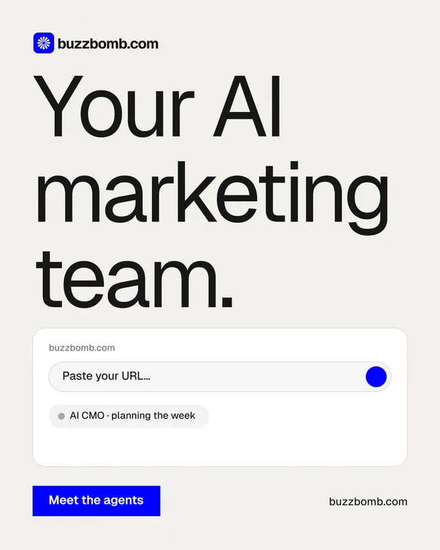 Instagram portrait post for BuzzBomb: "Your AI marketing team." Swiss style, poster layout, light palette in white, grey.