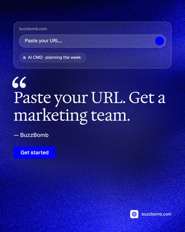 Instagram portrait post for BuzzBomb: "One launch. A week of posts." Swiss style, quote layout, dark palette in blue.