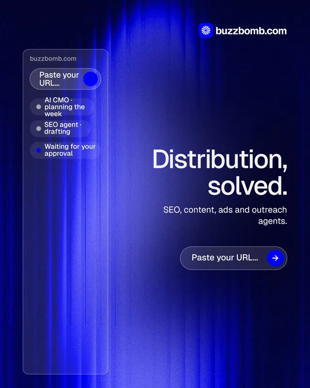 Instagram portrait post for BuzzBomb: "Distribution, solved." Agentic glass style, right layout, dark palette in black, blue.