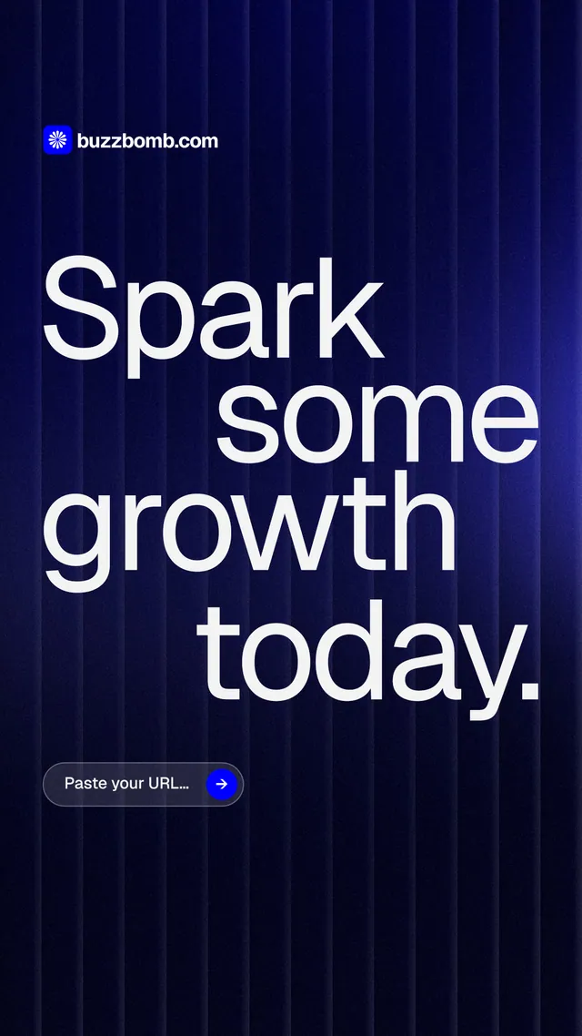 Instagram story for BuzzBomb: "Spark some growth today." Agentic glass style, stacked layout, dark palette in black, blue, grey.