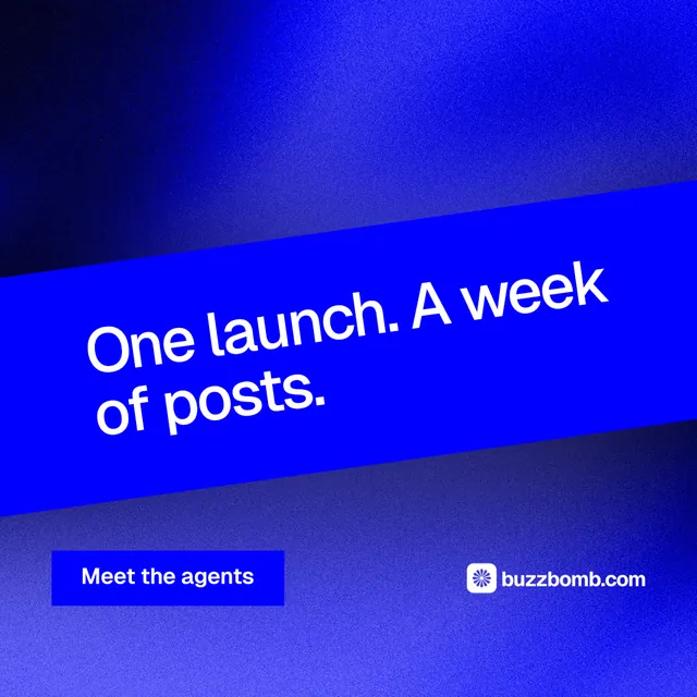 Instagram post for BuzzBomb: "One launch. A week of posts." Swiss style, diagonal layout, dark palette in blue.