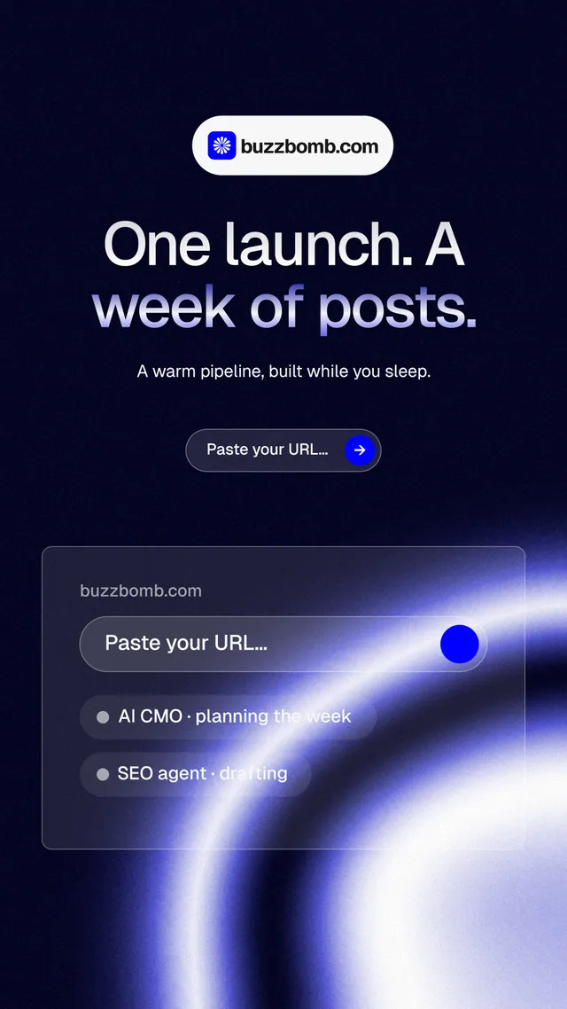 Instagram story for BuzzBomb: "One launch. A week of posts." Agentic glass style, centred layout, dark palette in black, blue.