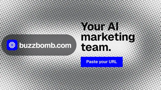 Landscape graphic for BuzzBomb: "Your AI marketing team." Swiss style, logo hero layout, light palette in grey, white.
