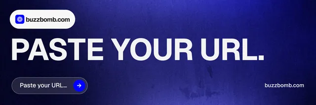 X header for BuzzBomb: "Paste your URL." Agentic glass style, poster layout, dark palette in blue, grey.